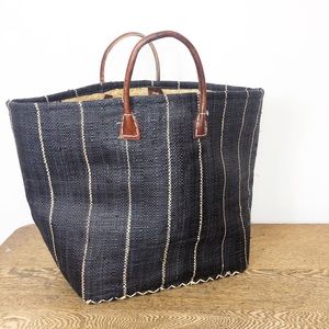 Black Woven Raffia Tote with Leather Handles